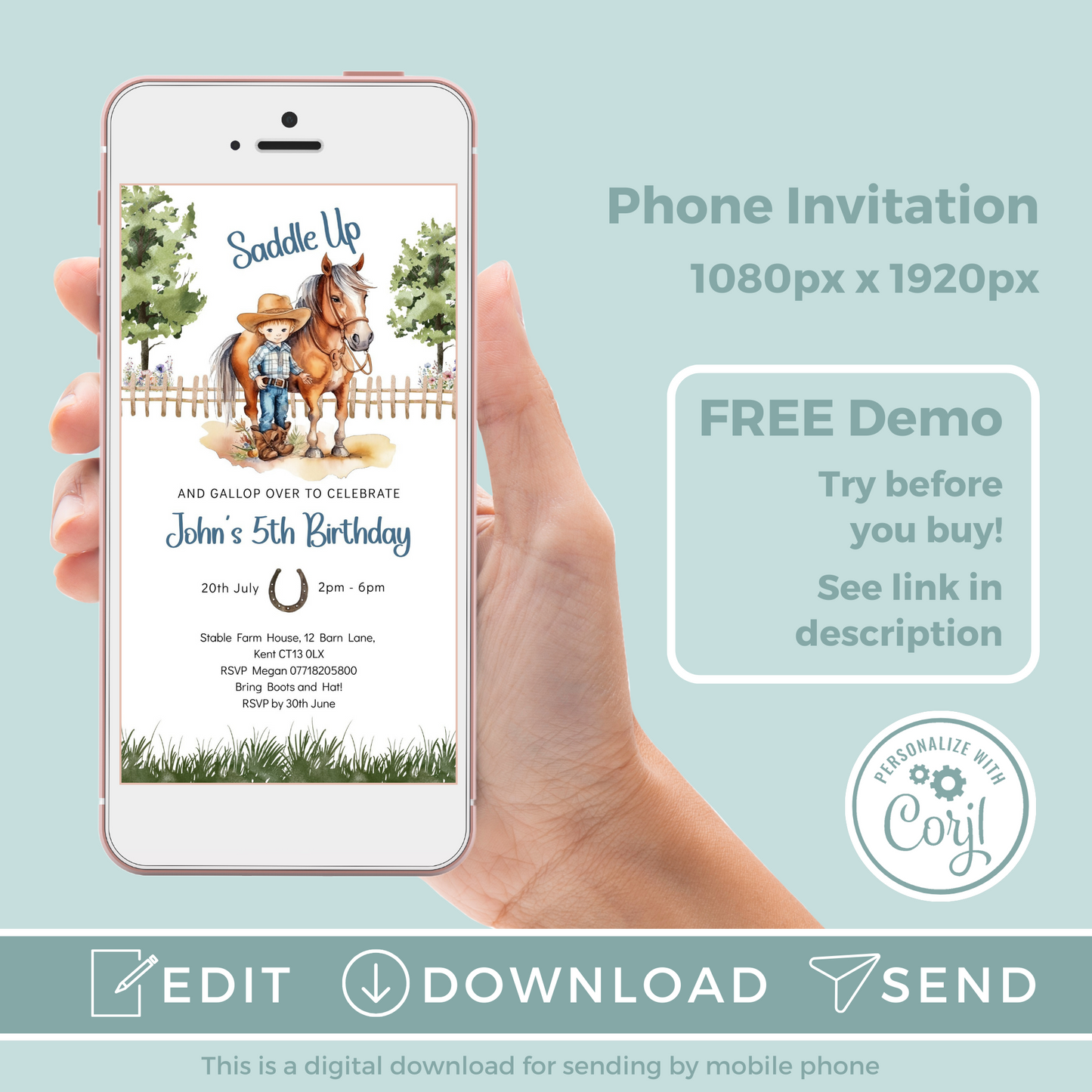 Editable Phone Birthday Invitation and FREE Thank You Tag - Saddle Up Boy