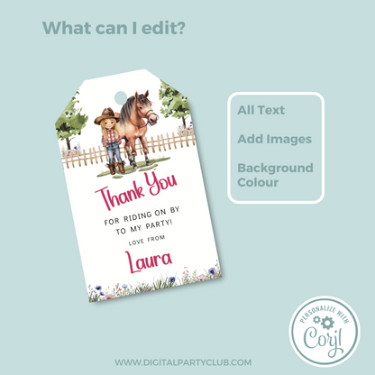 Editable Birthday Thank You Tag - Saddle Up Girl