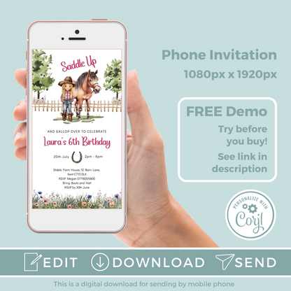 Editable Phone Birthday Invitation and FREE Thank You Tag - Saddle Up Girl