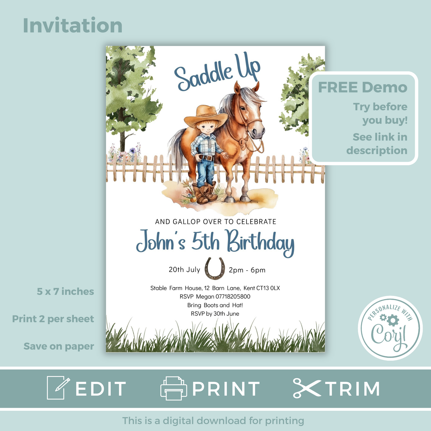 Editable Birthday Invitation and FREE Thank You Tag - Saddle Up Boy