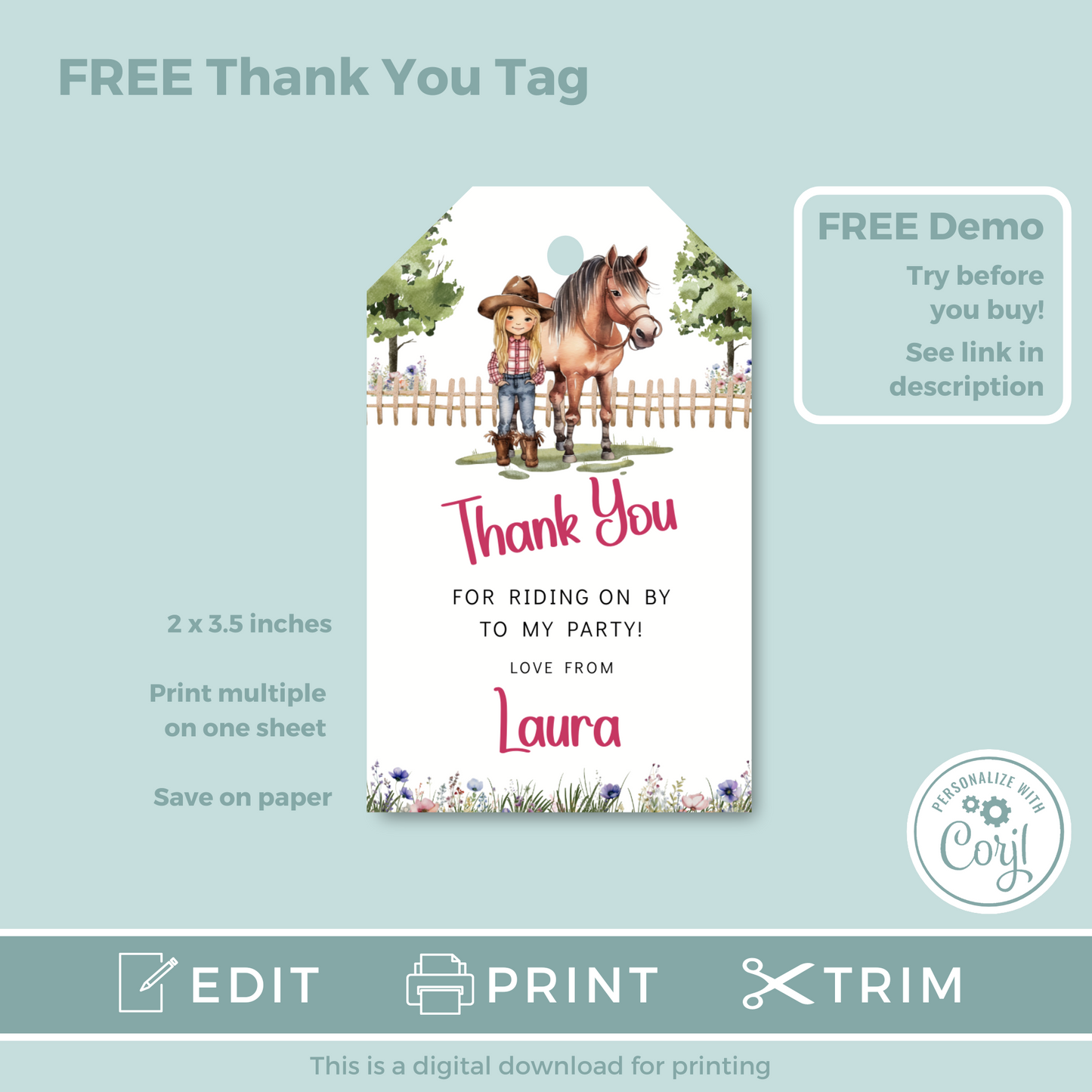 Editable Birthday Invitation and FREE Thank You Tag - Saddle Up Girl