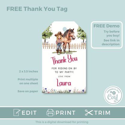 Editable Phone Birthday Invitation and FREE Thank You Tag - Saddle Up Girl