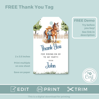 Editable Phone Birthday Invitation and FREE Thank You Tag - Saddle Up Boy