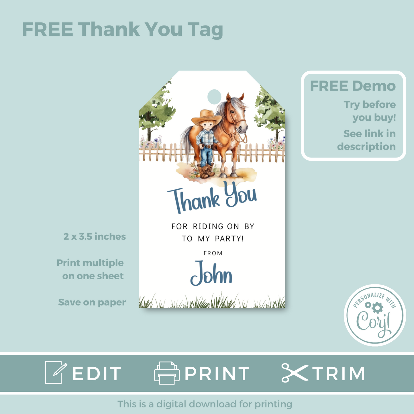 Editable Birthday Invitation and FREE Thank You Tag - Saddle Up Boy