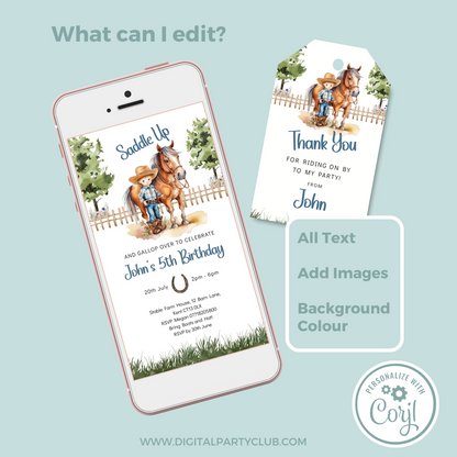 Editable Phone Birthday Invitation and FREE Thank You Tag - Saddle Up Boy