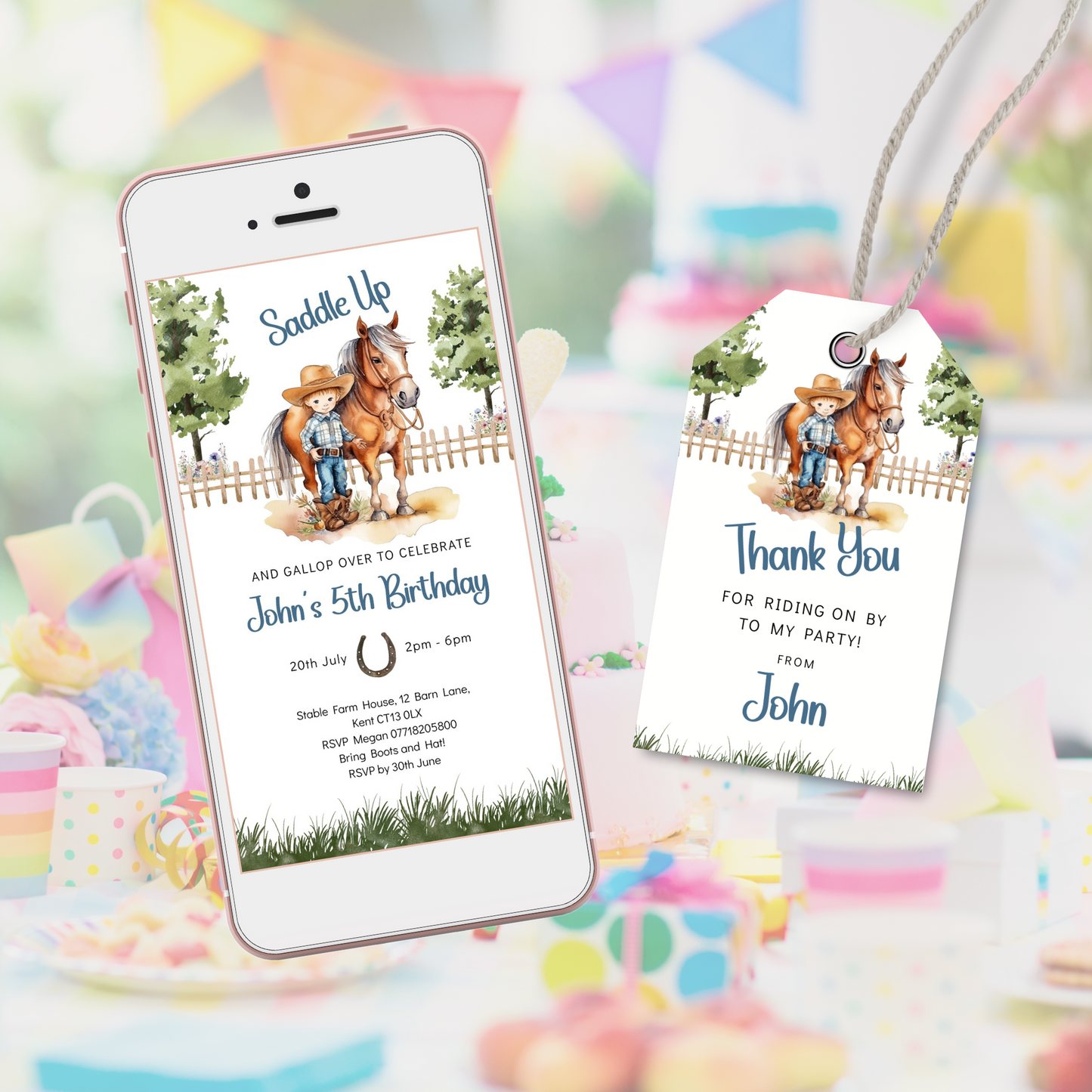 Editable Phone Birthday Invitation and FREE Thank You Tag - Saddle Up Boy