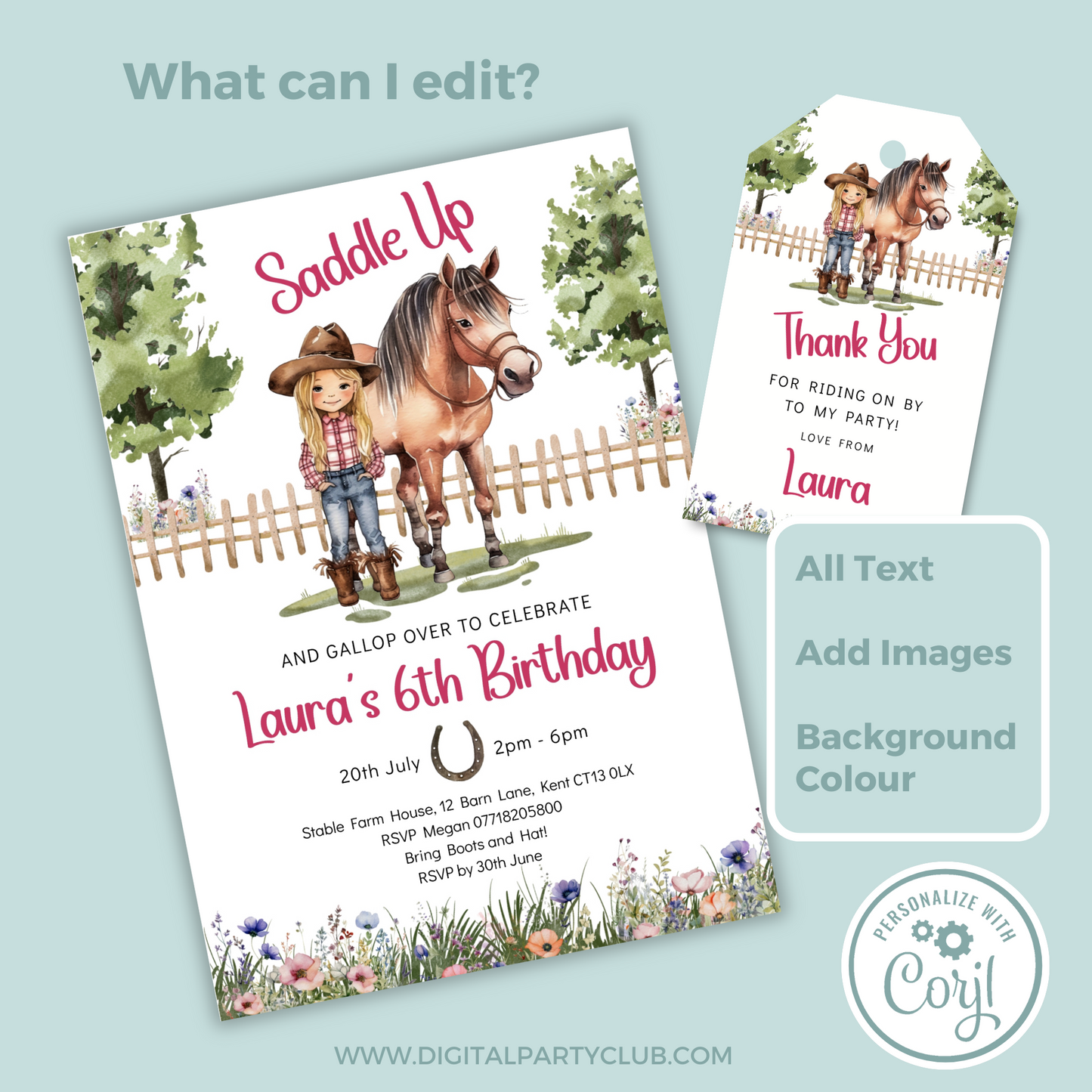 Editable Birthday Invitation and FREE Thank You Tag - Saddle Up Girl