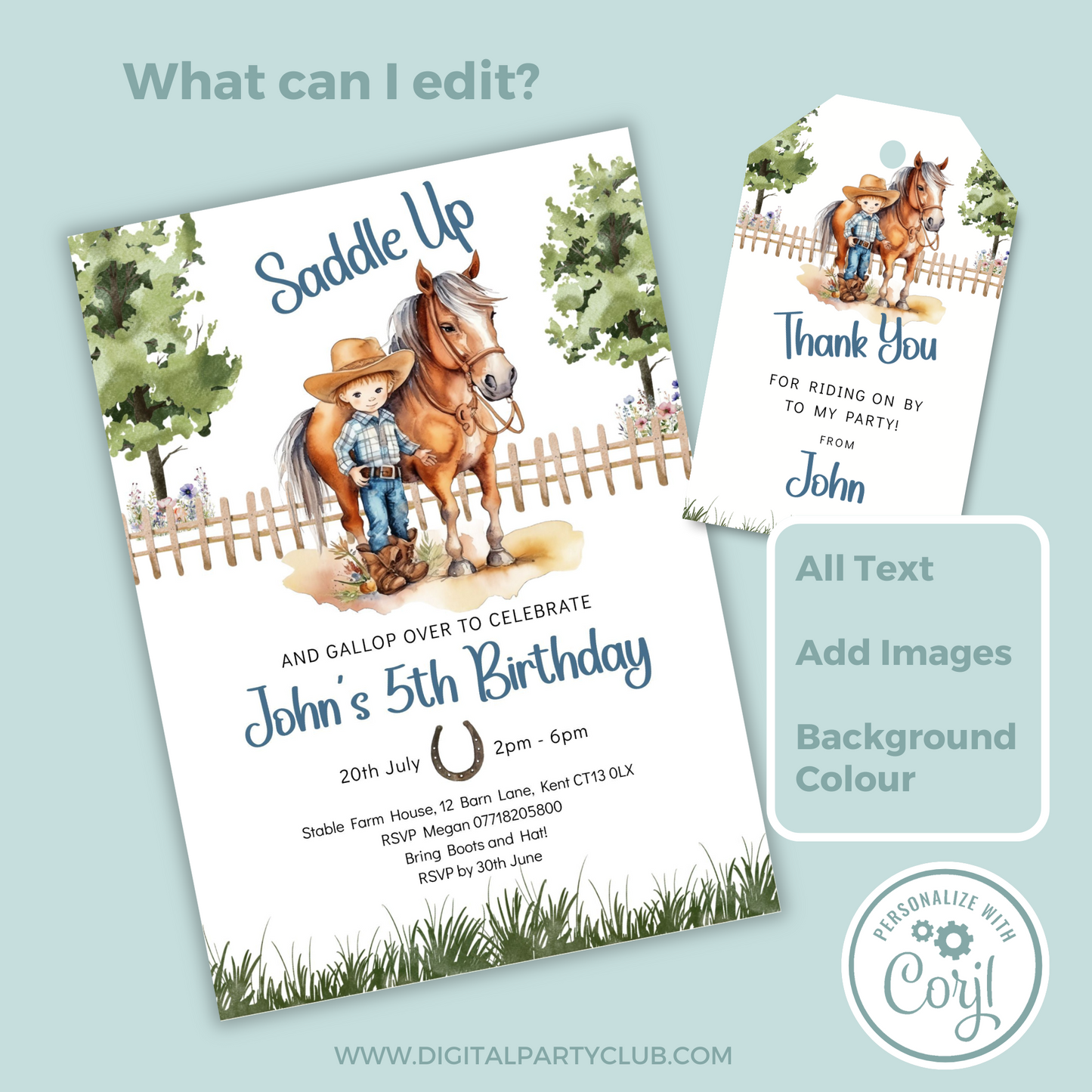 Editable Birthday Invitation and FREE Thank You Tag - Saddle Up Boy