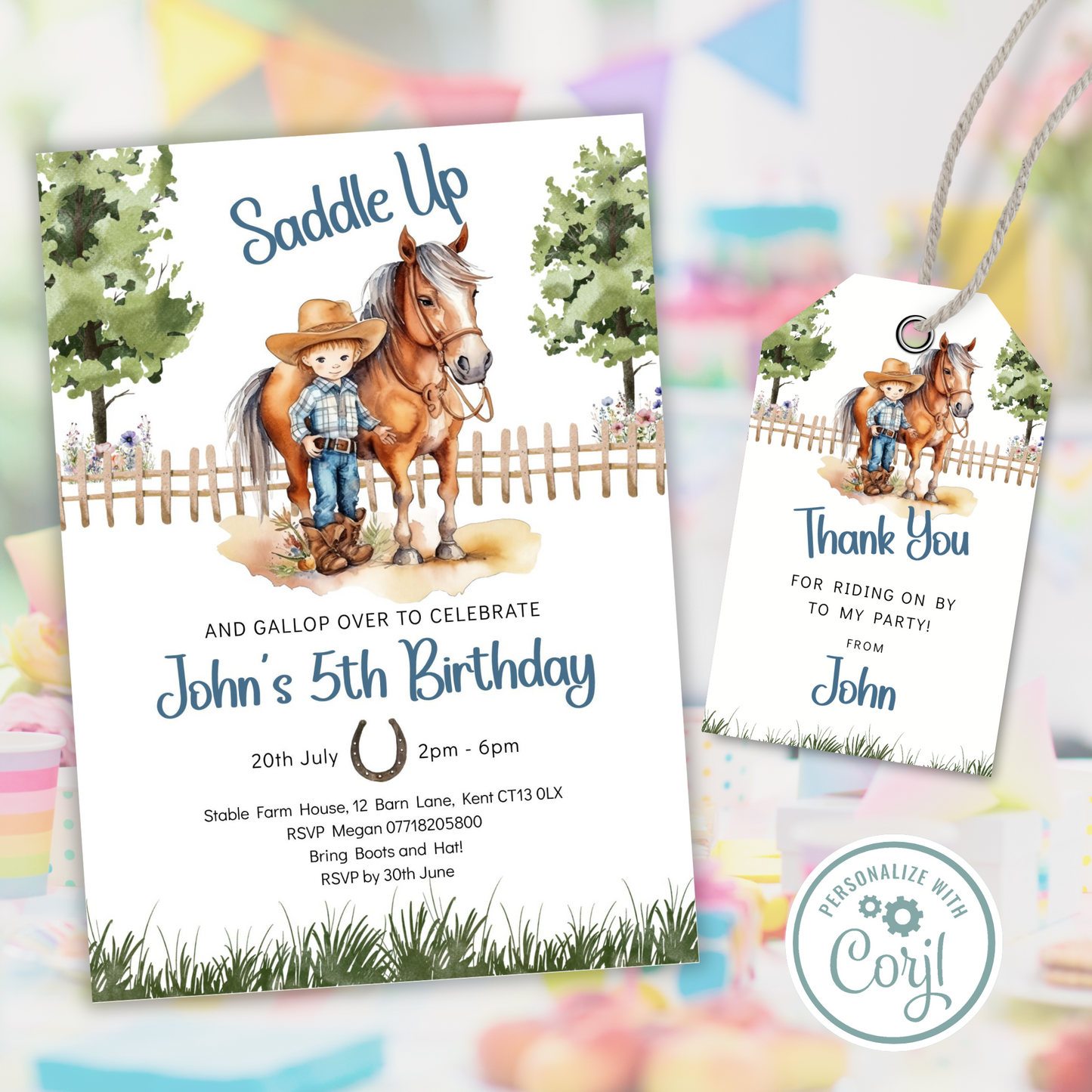 Editable Birthday Invitation and FREE Thank You Tag - Saddle Up Boy