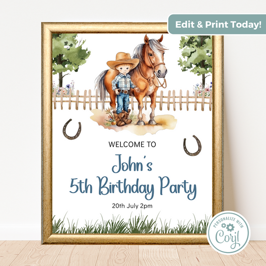 Editable Birthday Welcome Sign - Saddle Up Boy