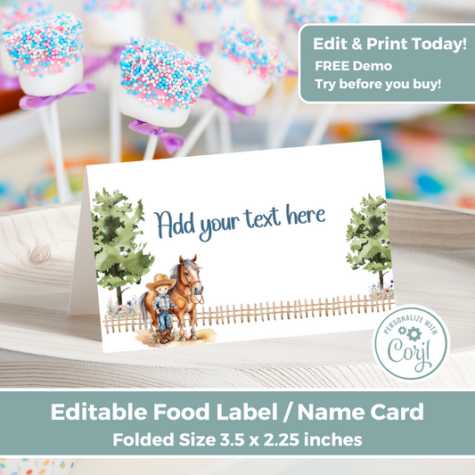 Editable Birthday Food Label / Name Card - Saddle Up Boy