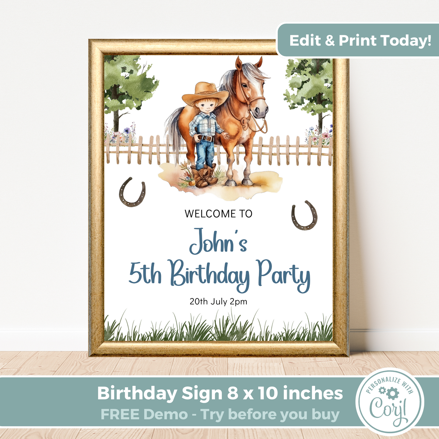 Editable Birthday Welcome Sign - Saddle Up Boy