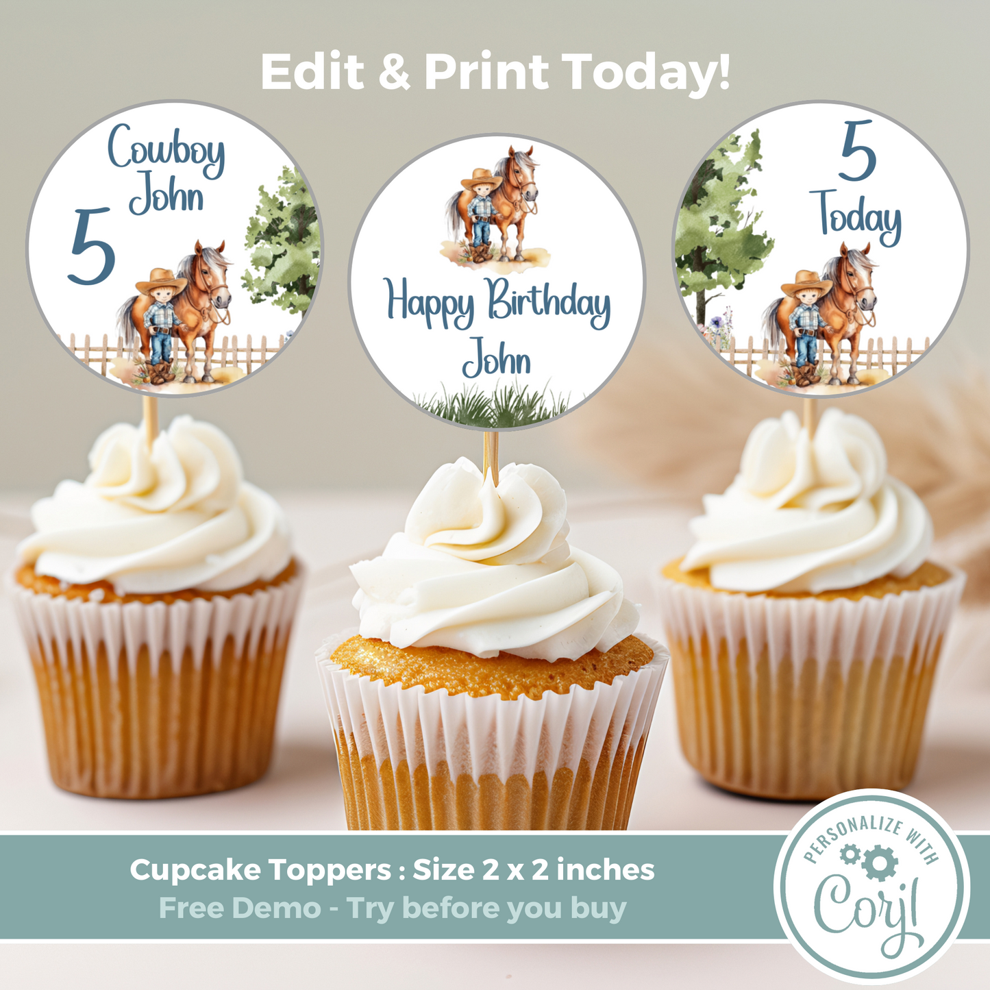 Editable Birthday Cupcake Toppers - Saddle Up Boy