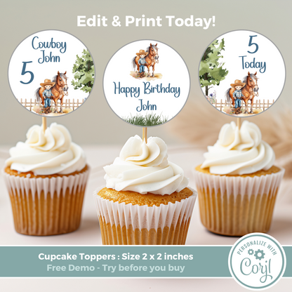 Editable Birthday Cupcake Toppers - Saddle Up Boy