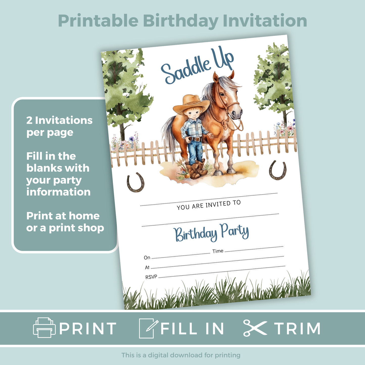 Printable Fill In Birthday Invitation - Saddle Up Boy