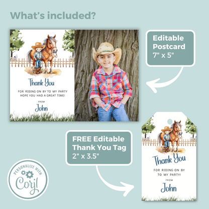 Editable Thank You Card - Saddle Up Boy