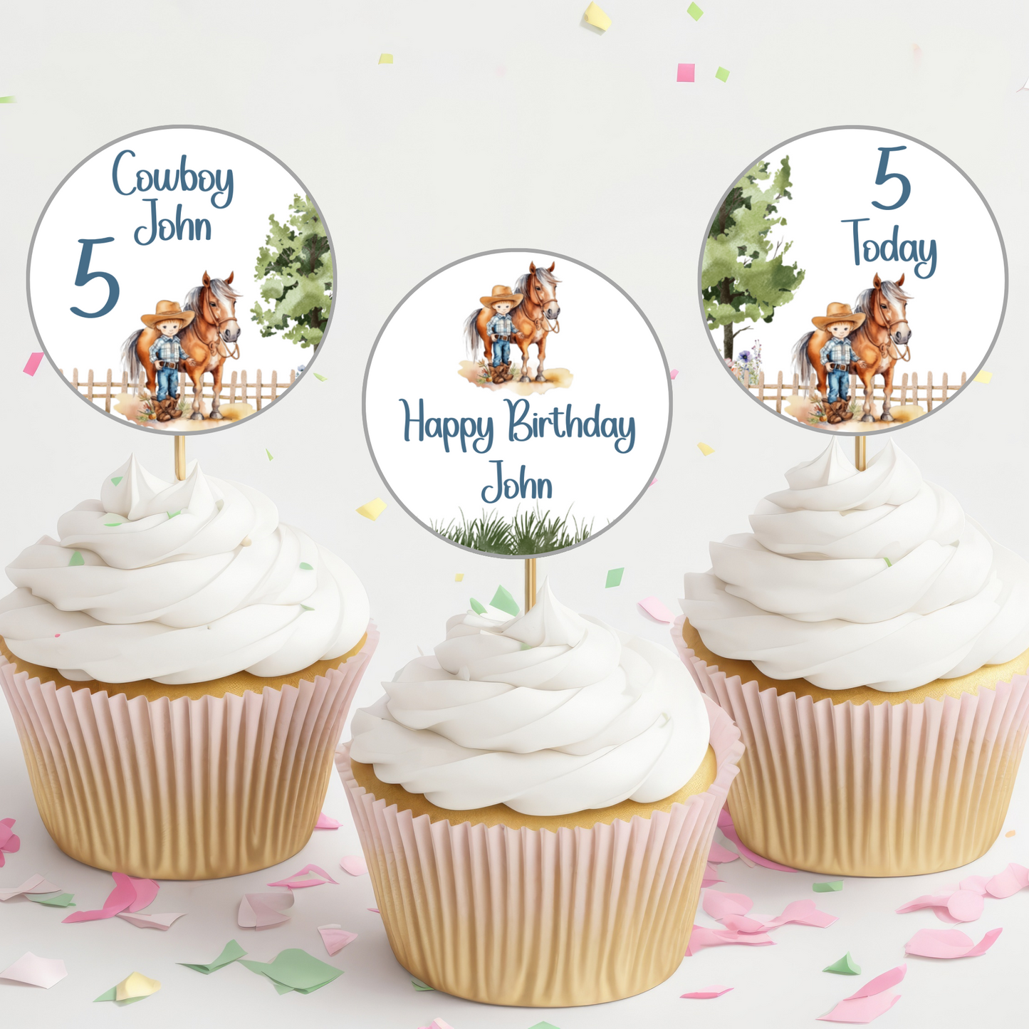 Editable Birthday Cupcake Toppers - Saddle Up Boy