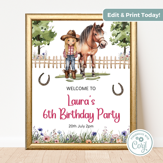 Editable Birthday Welcome Sign - Saddle Up Girl