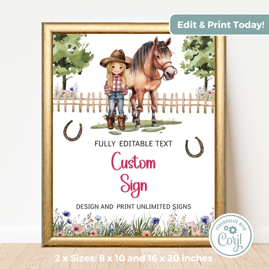 Editable Birthday Custom Sign - Saddle Up Girl