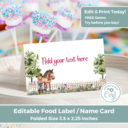 Editable Birthday Food Label / Name Card - Saddle Up Girl