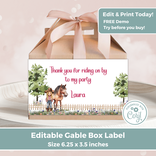 Editable Birthday Gable Box Label - Saddle Up Girl