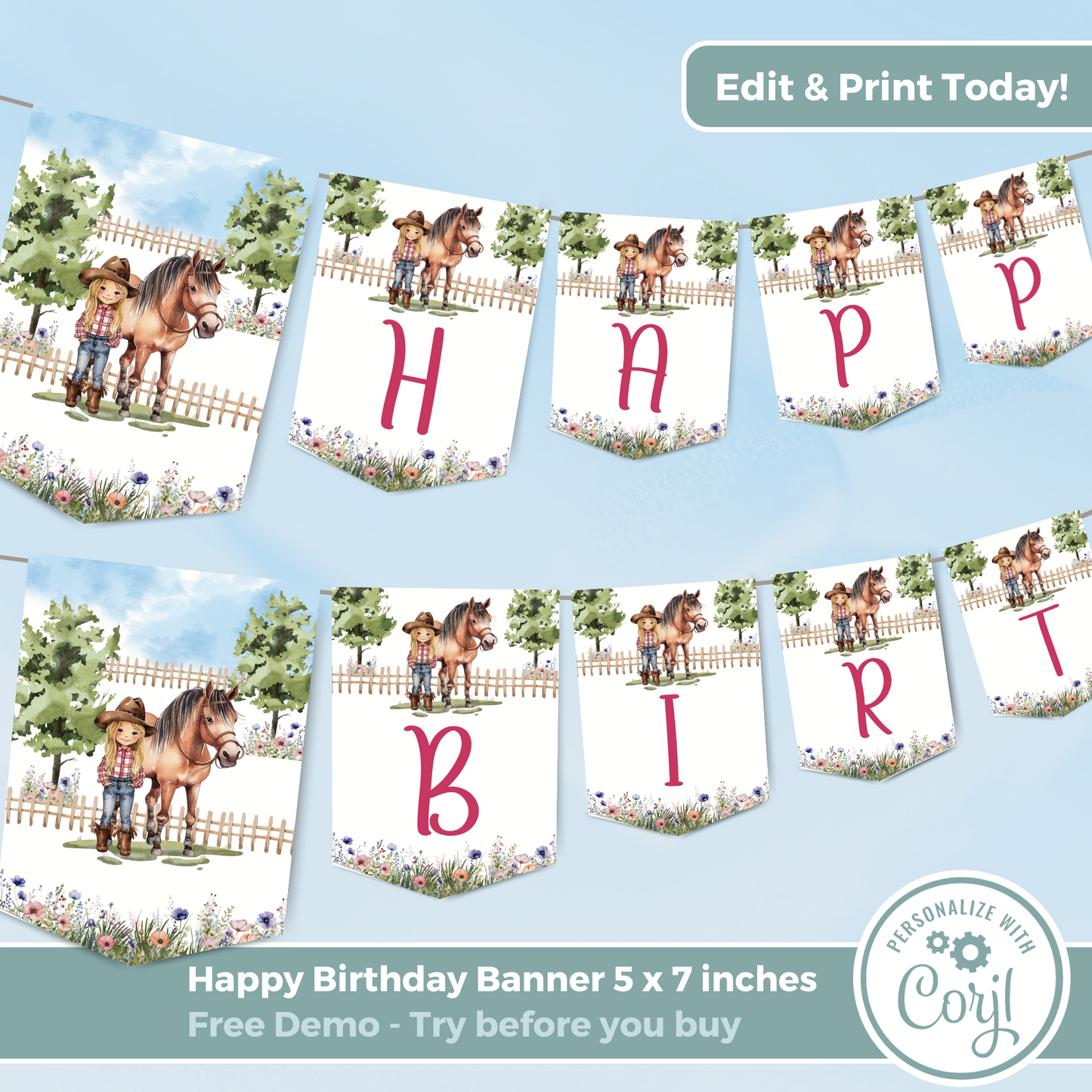 Editable Birthday Banner - Saddle Up Girl