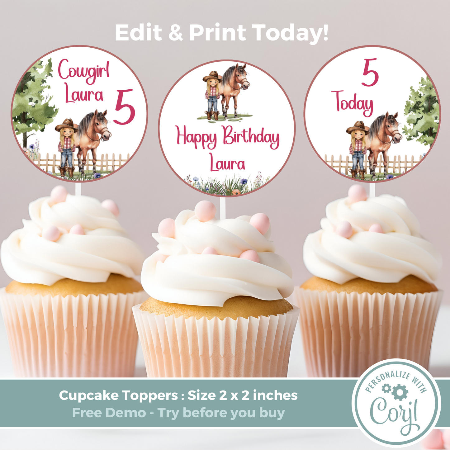 Editable Birthday Cupcake Toppers - Saddle Up Girl