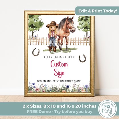 Editable Birthday Custom Sign - Saddle Up Girl