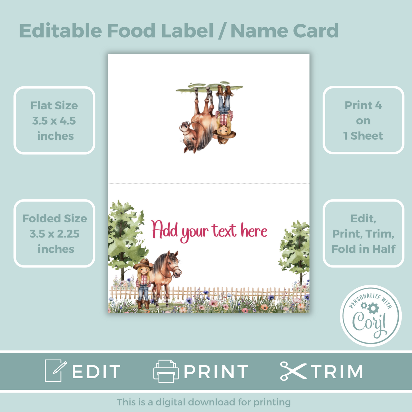 Editable Birthday Food Label / Name Card - Saddle Up Girl