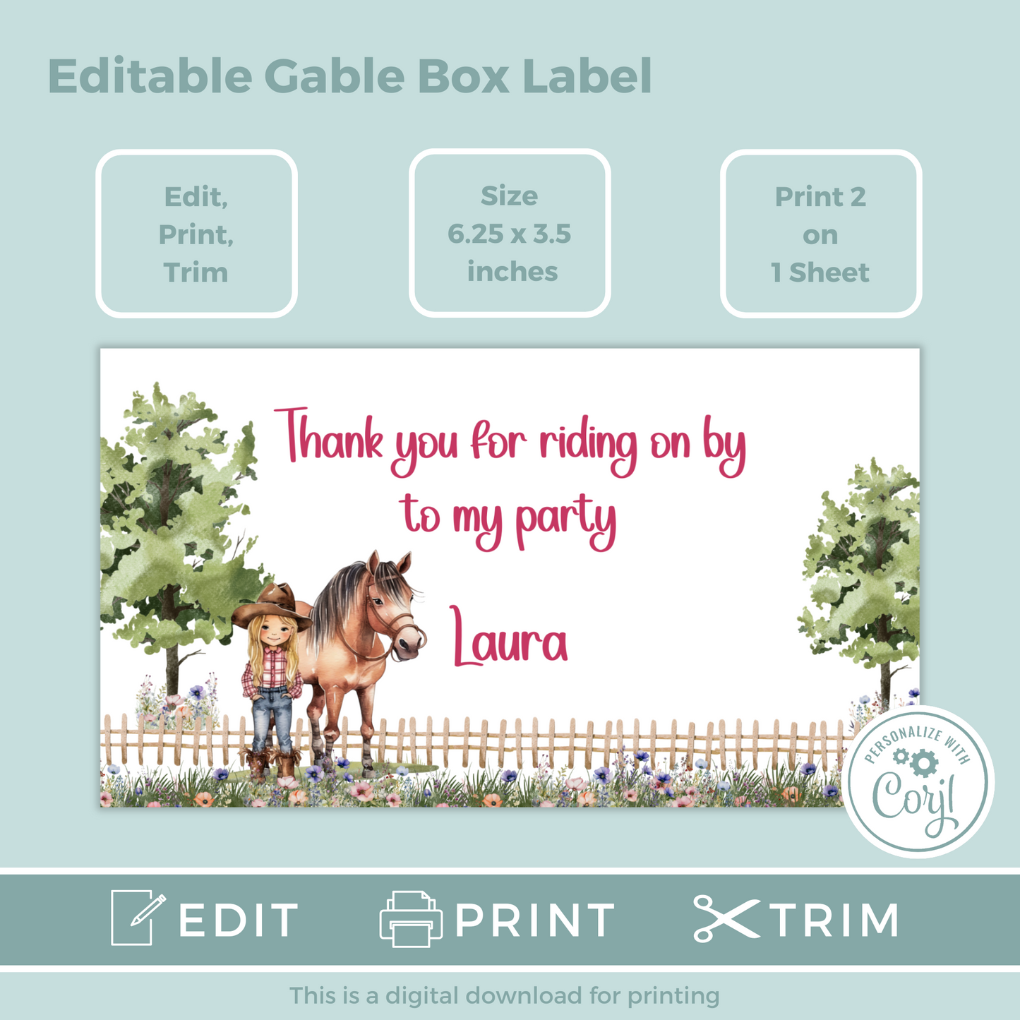 Editable Birthday Gable Box Label - Saddle Up Girl