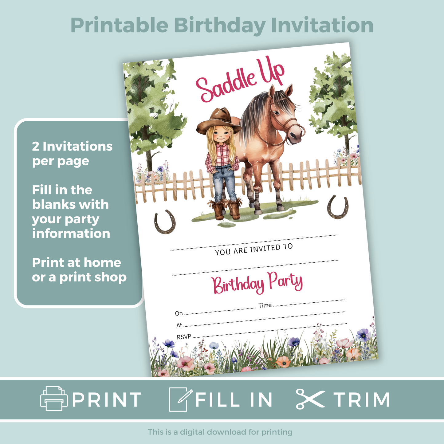 Printable Fill In Birthday Invitation - Saddle Up Girl