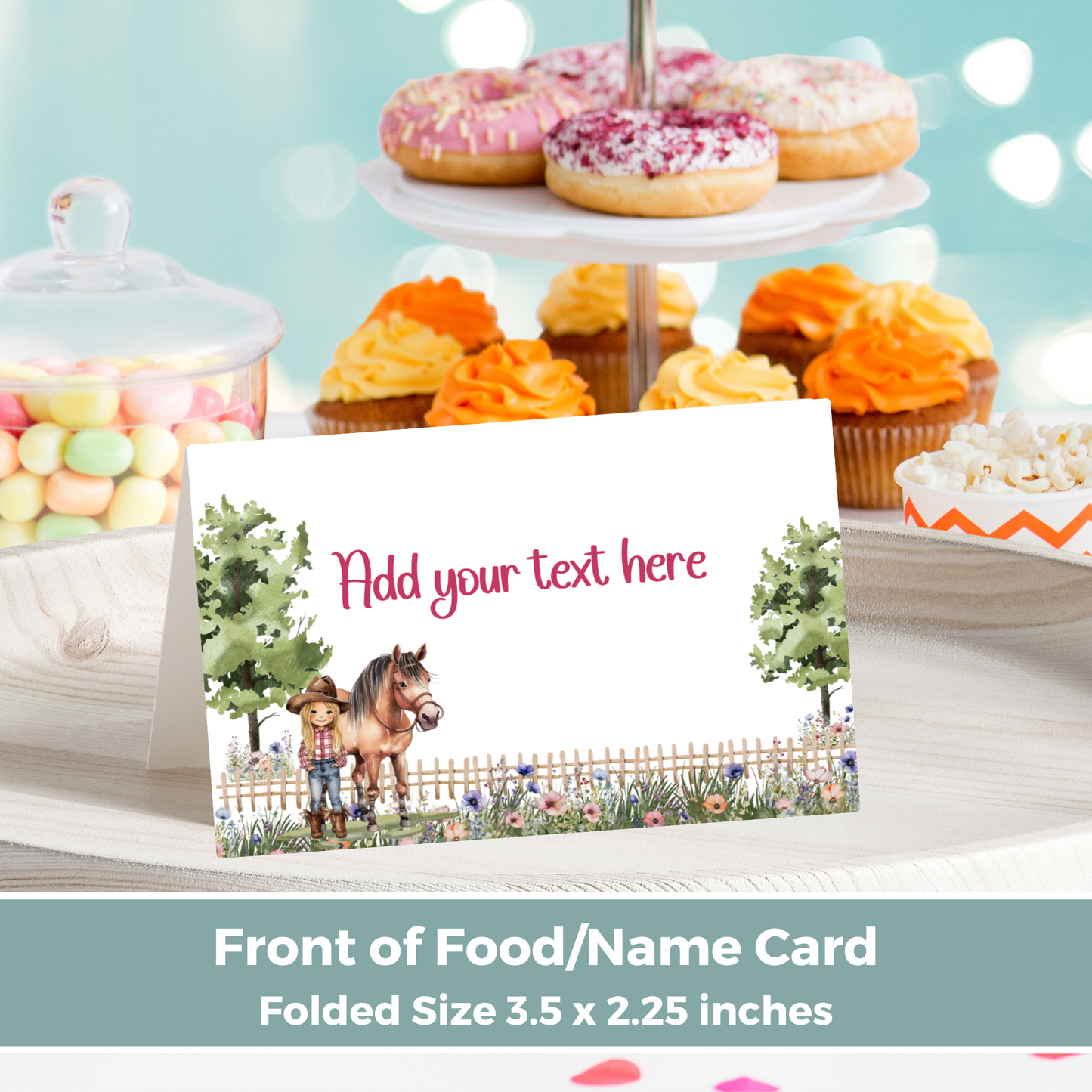 Editable Birthday Food Label / Name Card - Saddle Up Girl