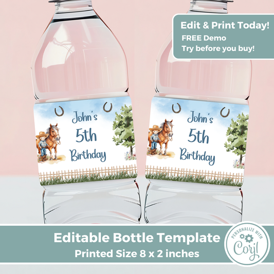 Editable Birthday Water Bottle Label - Saddle Up Boy