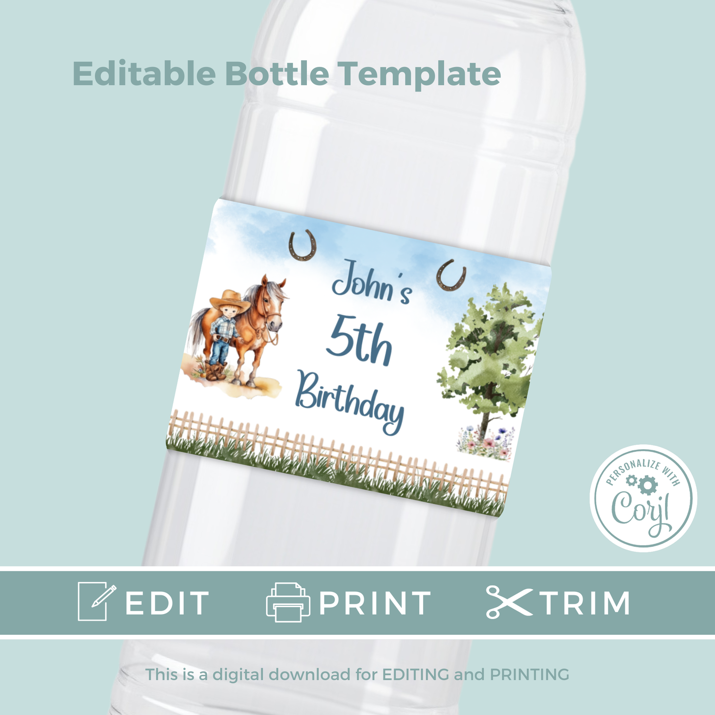 Editable Birthday Water Bottle Label - Saddle Up Boy