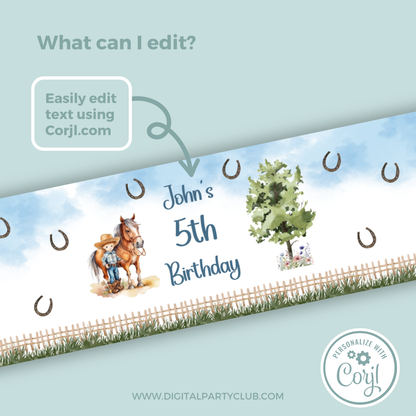 Editable Birthday Water Bottle Label - Saddle Up Boy