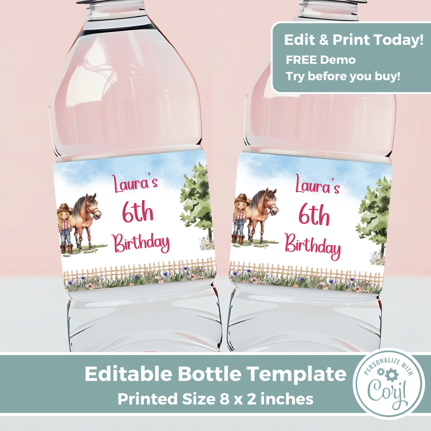 Editable Birthday Water Bottle Label - Saddle Up Girl