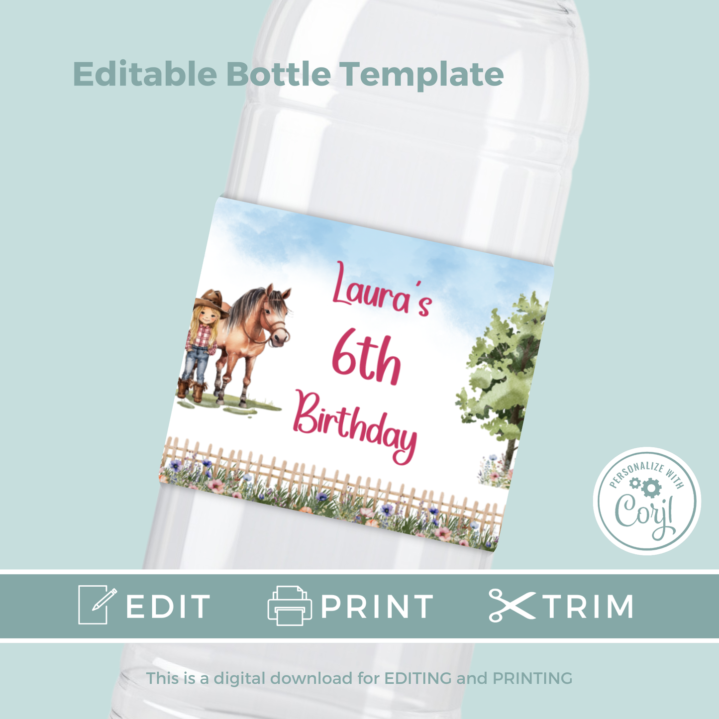 Editable Birthday Water Bottle Label - Saddle Up Girl