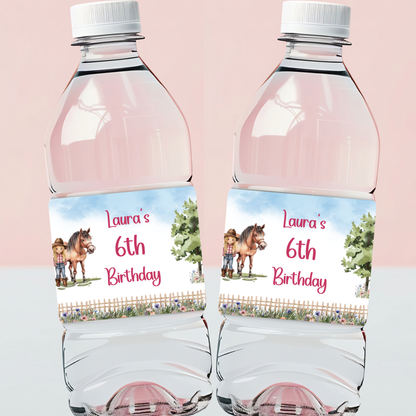 Editable Birthday Water Bottle Label - Saddle Up Girl