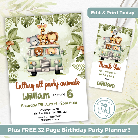 Editable Birthday Invitation and FREE Thank You Tag - Safari