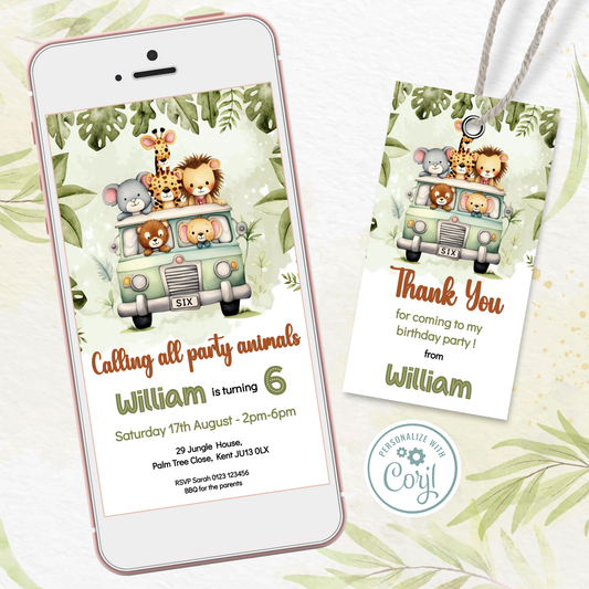 Editable Evite Birthday Invitation and FREE Thank You Tag - Safari