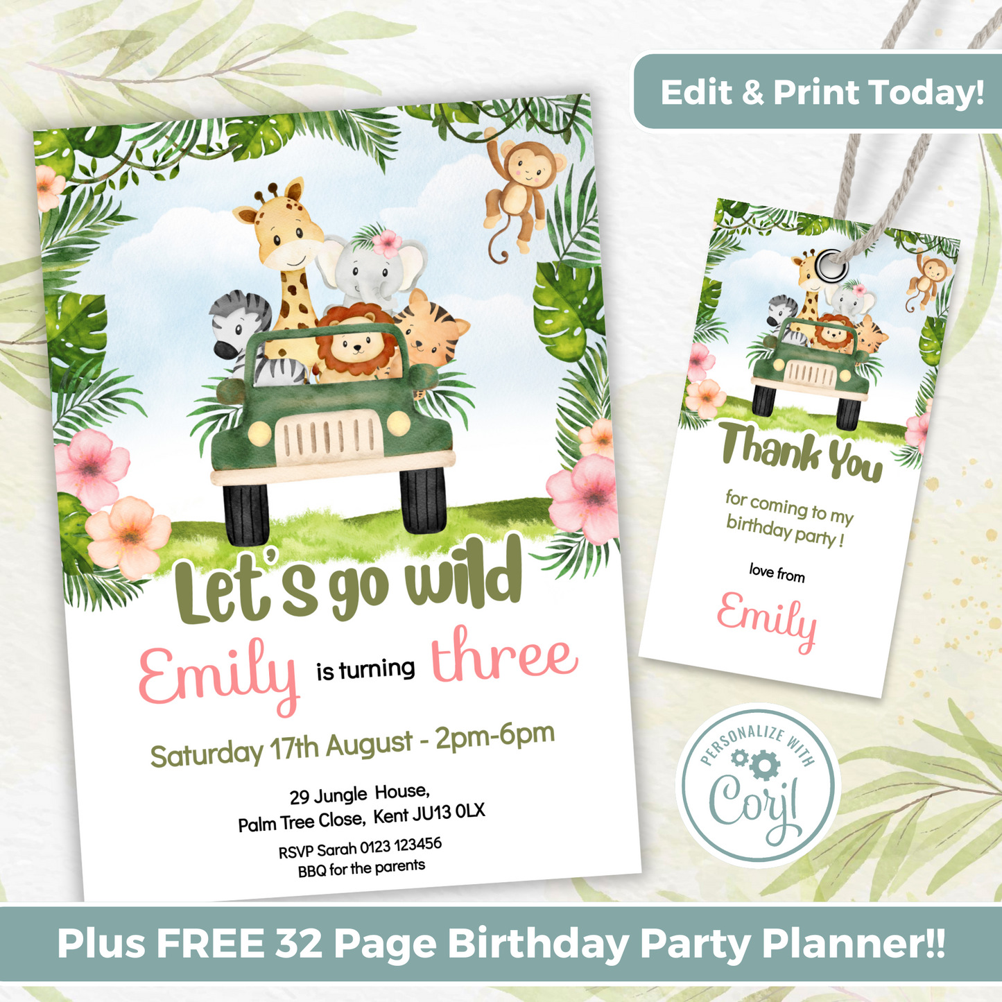 Editable Birthday Invitation and FREE Thank You Tag - Safari