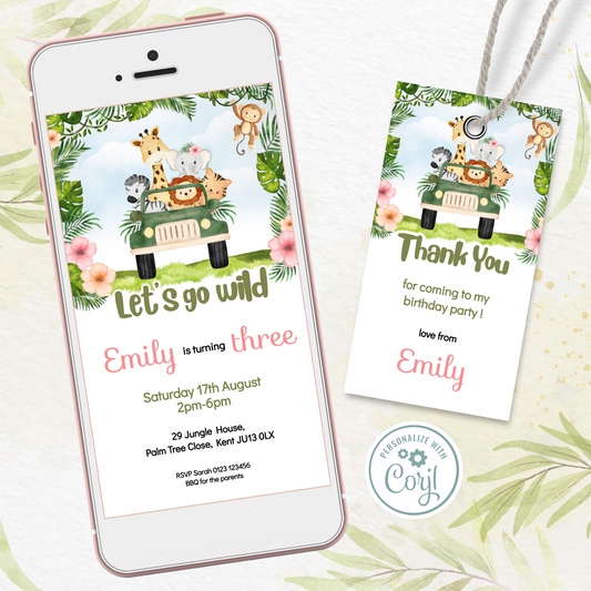 Editable Evite Birthday Invitation and FREE Thank You Tag - Safari