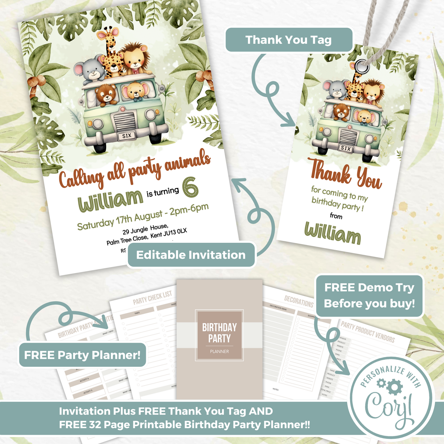 Editable Birthday Invitation and FREE Thank You Tag - Safari