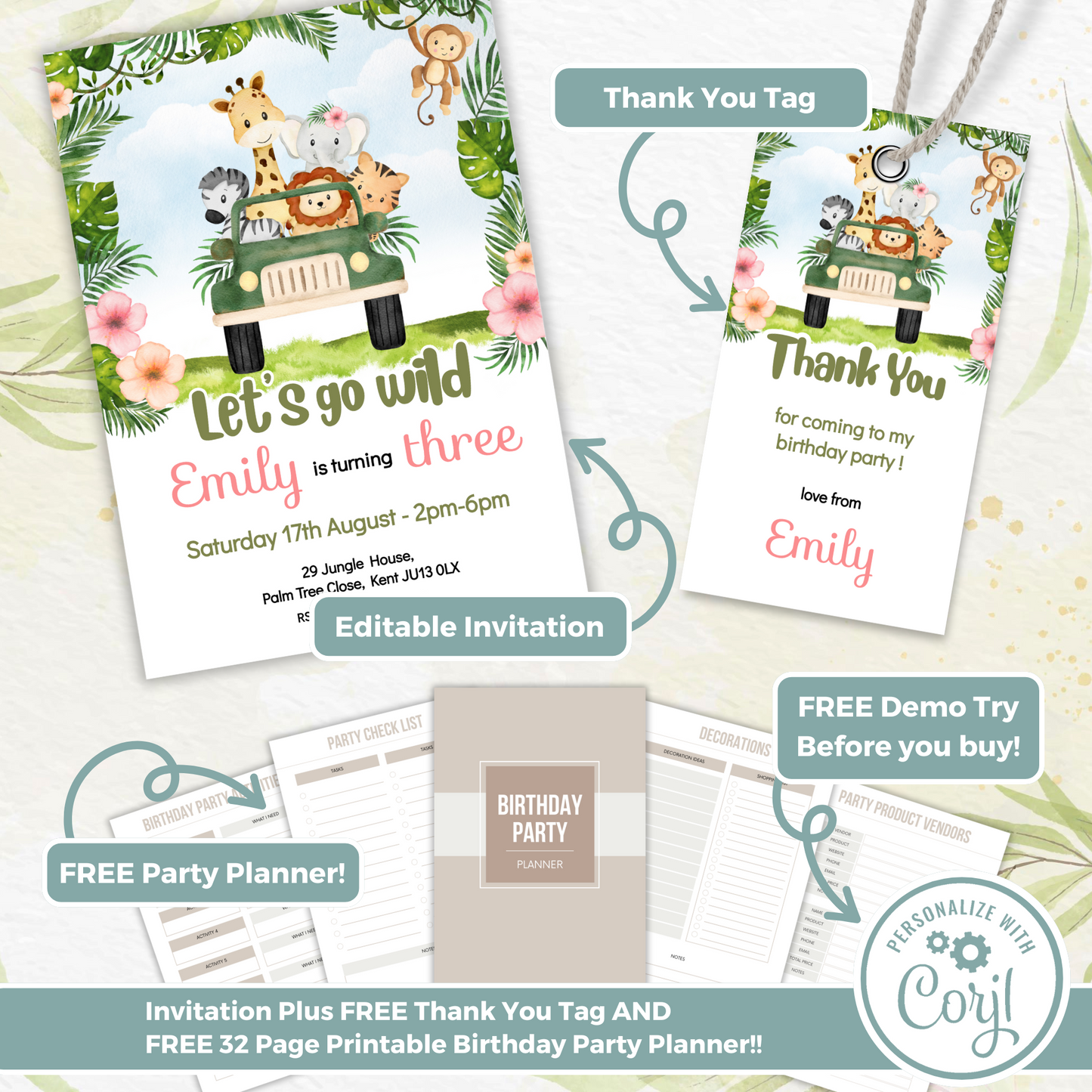 Editable Birthday Invitation and FREE Thank You Tag - Safari