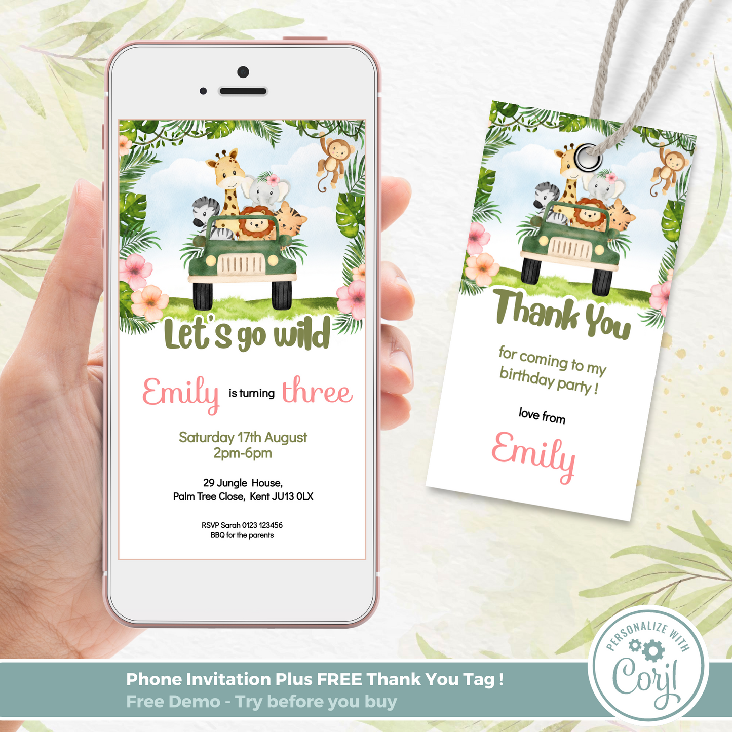 Editable Evite Birthday Invitation and FREE Thank You Tag - Safari