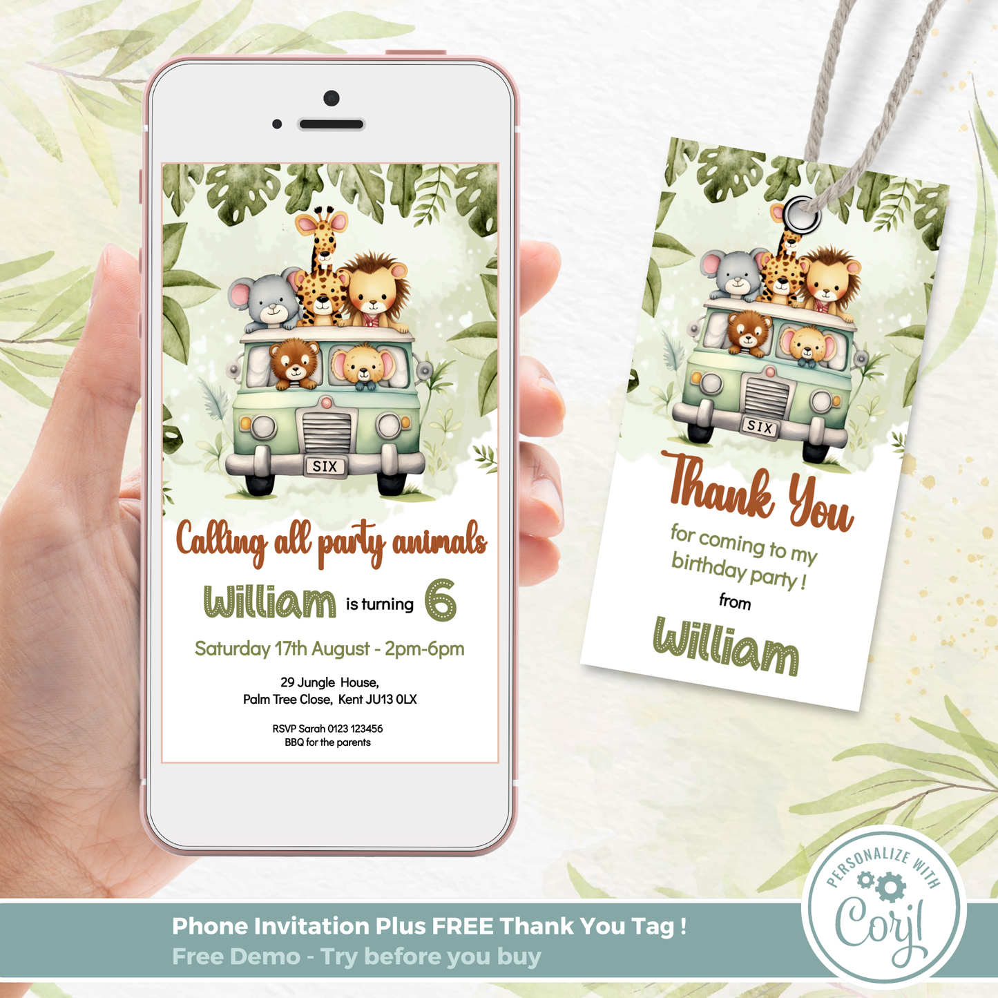 Editable Evite Birthday Invitation and FREE Thank You Tag - Safari