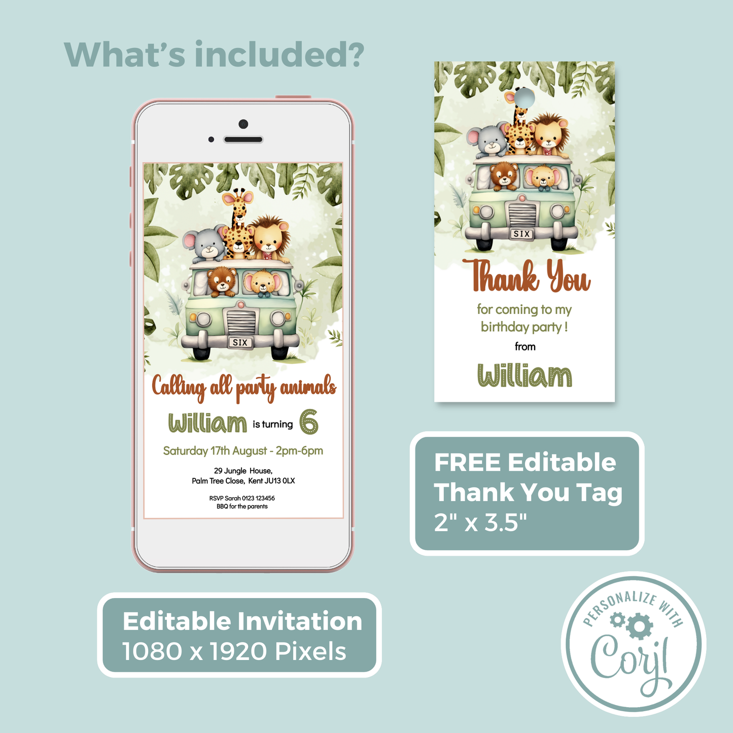 Editable Evite Birthday Invitation and FREE Thank You Tag - Safari