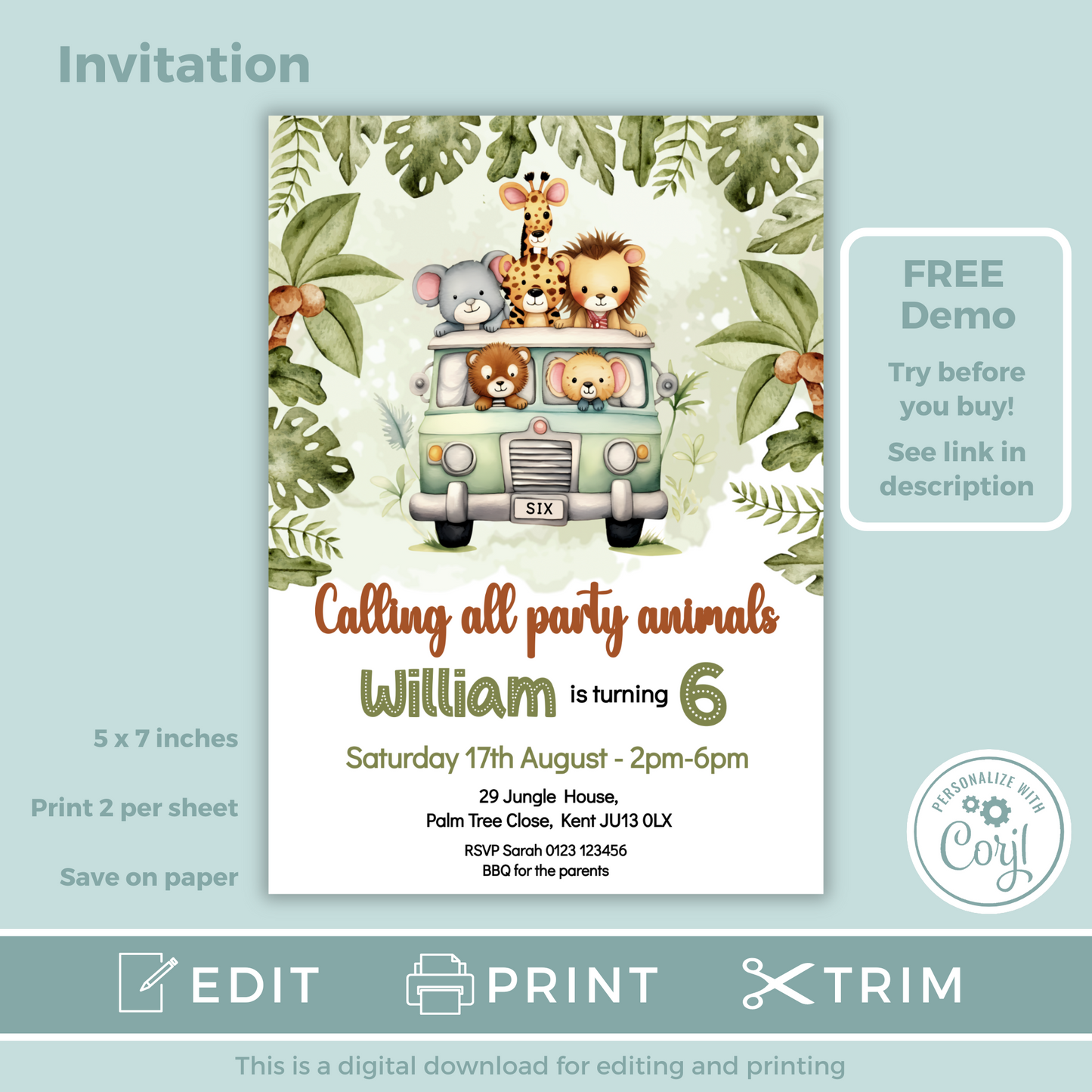 Editable Birthday Invitation and FREE Thank You Tag - Safari