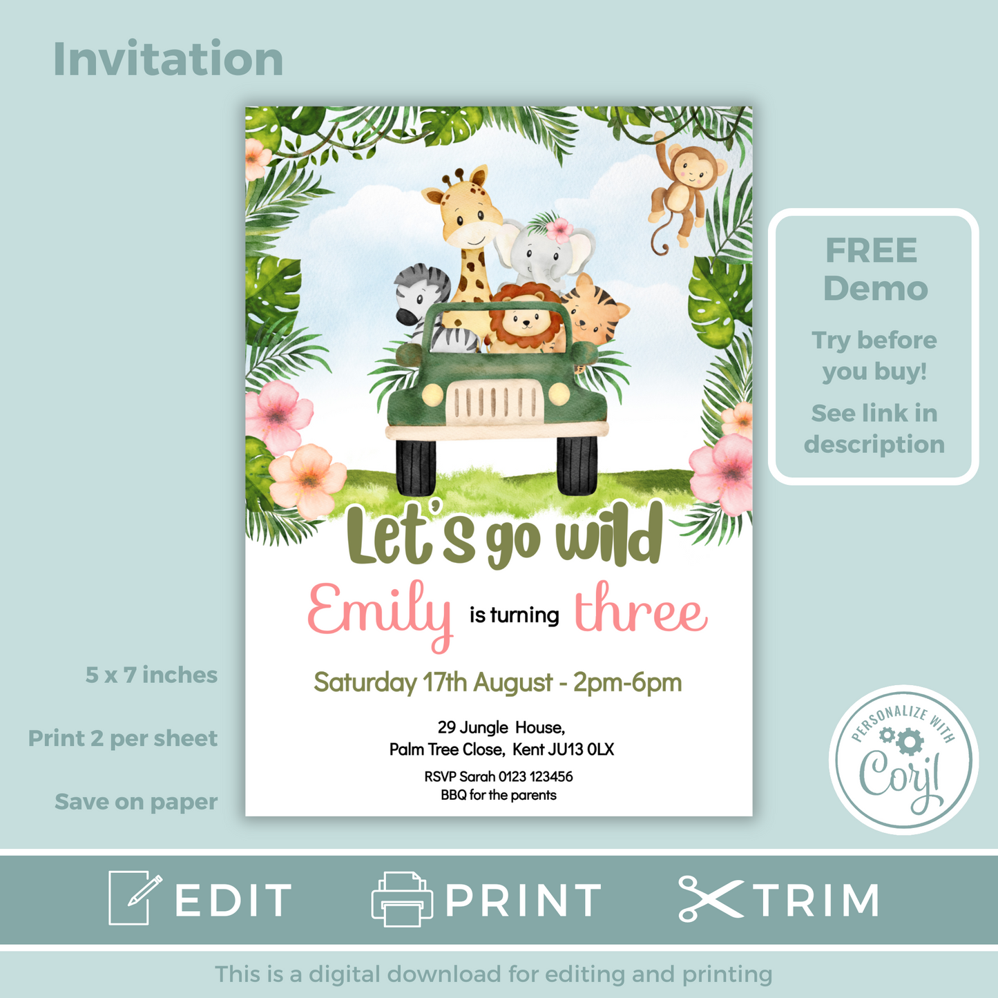 Editable Birthday Invitation and FREE Thank You Tag - Safari