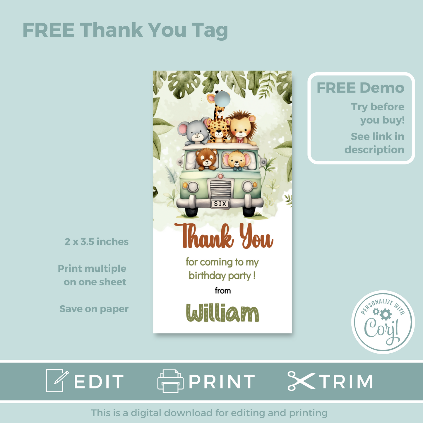 Editable Birthday Invitation and FREE Thank You Tag - Safari